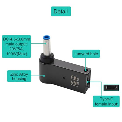 2PCS USB C to DC 4.5x3.0mm PD Trigger Female Laptop Power Charging Adapter 5A 100W Barrel Jack Plug Converter for HP Laptop Notebook