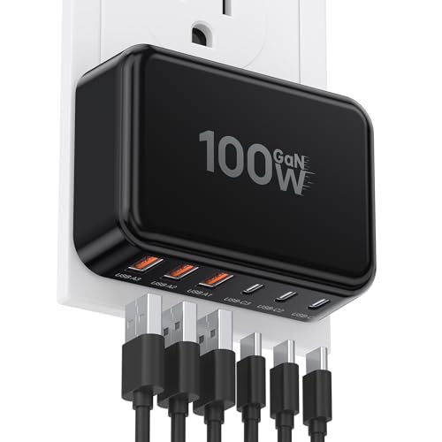Fast Charger Block, GaN 6 Port USB C Charging Station Hub Cube, 100W Multiport Type C Wall Charger Power Strip Plug with PD 3.0+QC for iPhone 13 14 15 16 17 Pro Max XR XS 8 7, Samsung, iPad, Table - color: Black