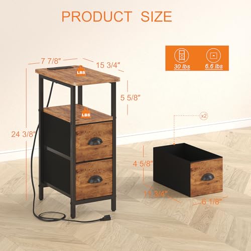 sthmec Narrow End Table with Charging Station, Narrow Side Table with 2 Fabric Drawers, Slim Nightstand, Skinny Bedside Table, Small Side Table for Small Spaces, Living Room, Bedroom, Rustic Brown - color: Rustic Brown, size: 7.87'' W x 15.75'' D x 24.37'