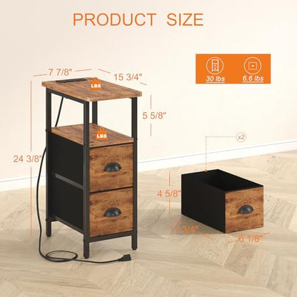sthmec Narrow End Table with Charging Station, Narrow Side Table with 2 Fabric Drawers, Slim Nightstand, Skinny Bedside Table, Small Side Table for Small Spaces, Living Room, Bedroom, Rustic Brown - color: Rustic Brown, size: 7.87'' W x 15.75'' D x 24.37'