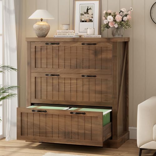 SEDETA Filing Cabinet for Home Office, Farmhouse 3 Drawer File Cabinet, Wood Office File Cabinets for Letter/Legal/A4 Size, Lateral File Cabinets with Printer Stand, Brown - color: Brown, size: 3 Drawers