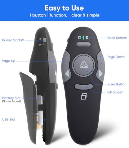 Presenter Clicker for PowerPoint Presentations, USB Wireless PPT Remote Clicker with Laser Pointer for Mac/Windows/Linux, Google Slide/PPT/Keynote, Page Flip, Full/Black Screen, Plug and Play