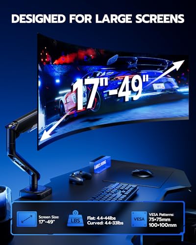 ARES WING 17-49 Inch Monitor Arm Ultrawide Single Monitor Mount, Black | Heavy Duty Mechanical Spring Monitor Stand Adjustable Arms Holds up to 44lbs, 75/100 VESA Mount with Clamp/Grommet Base - color: black