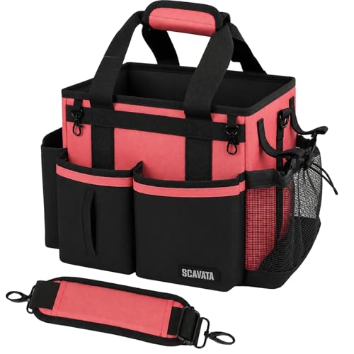 SCAVATA Compact Wearable Cleaning Caddy with Handle & Shoulder Straps | Small Cleaning Supplies Organizer, Under Sink & Car Cleaning Tools Storage Bag for Housekeepers Cleaners, Coral Pink - color: CaralPink