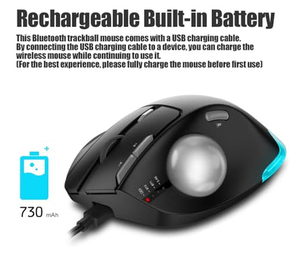 zelotes Wireless Trackball Mouse,Bluetooth Mouse,Rechargeable,4800 DPI, 2-in-1(BT 5.0/3.0+2.4GHz USB Receiver), 8 Buttons,Ergonomic Design,LED Lighting,for Laptop, PC, Pad,Black - color: Black