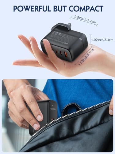 GaN 65W USB C Charger 3 Port Fast Charging Block Travel Charger Wall Charger Universal Travel Adapter EU UK Plug Adapter for MacBook iPad Pro/Air iPhone 15 16 Samsung S24 Laptop Steam Deck