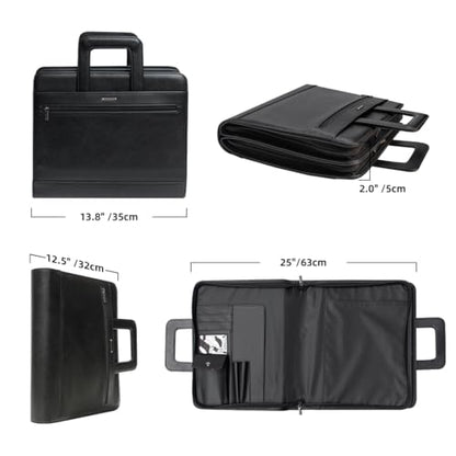 14" Laptop Briefcase, Vegan Leather Portfolio with Zipper Compartments x 2, A4 Papers Holder Padfolio Organizer - color: Black