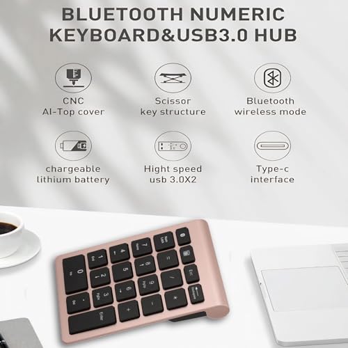 Wireless Number Pad Rose Gold Ultra Thin Numeric Keypad Fast Rebound Speed Mini Keyboard Portable 5.0 Bluetooth for Laptop PC Computer