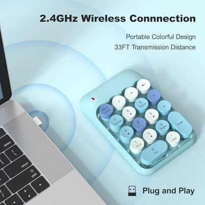 MOWUX Wireless Number Pads, Cute Colorful Numeric Keypad Numpad Portable 2.4 GHz Financial Accounting Number Keyboard Extensions, 18 Key Number Numpad for Laptop Desktop, PC (Blue) - color: Blue