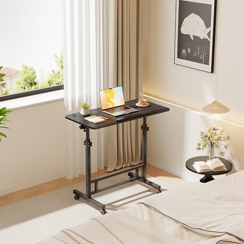 Furist Small Standing Desk Adjustable Height 32 Inch Mobile Sit Stand up Desk Portable Rolling with Wheels Standing for Walking pad Treadmill Black - color: Black Wood Grain