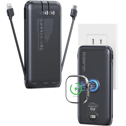 Portable Charger 10000mAh 20W, Wall Plug, 2 Cables, iWatch Charging | Digital Display, Compact Lightweight, USB C Fast Charge, USB-A 18W, Multi Protection, Travel Essential, for iPhone 17 16, Pad - color: Cosmic Black
