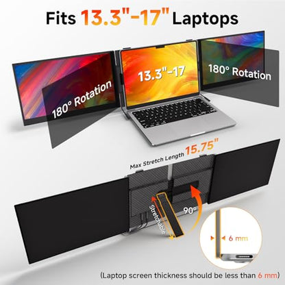 BOSII Laptop Screen Extender Monitor - Triple 14" Ultra Thin IPS FHD 1080P Portable Monitors for 13.3"-17" Laptops Compatible with Windows Mac Travel Work - size: 14"