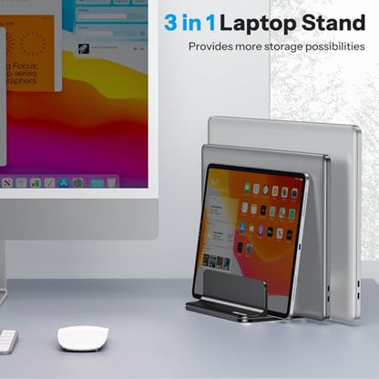 OMOTON Vertical Laptop Stand [Updated 3-Slots Version], Desktop Aluminum Mac Book Stand with Adjustable Dock Size, Fits All Mac Book, Surface, Chrome Book and Gaming Laptops (Up to 17.3 inch), Black - color: Three Slots-Black