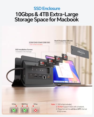 MacBook Docking Station Dual Monitor 4K@60Hz for MacBook Pro/Air M5/M4 | PULWTOP Vertical Laptop Dock Stand with M.2 NVMe SSD Enclosure, 2 HDMI, 10Gbps USB A/C, Ethernet, PD for Home & Office, Black