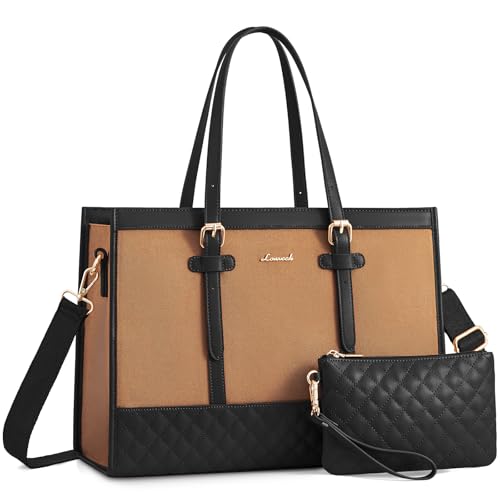 LOVEVOOK Laptop Bag for Women, 15.6 Inch Computer Tote Bags Purse for Work | Canvas, with Long Shoulder Strap&Clutch Purse, Handbag, Casual Stylish Tote Bag for Work Office Travel College Teacher School - color: Black & Brown, size: 15.6 inch