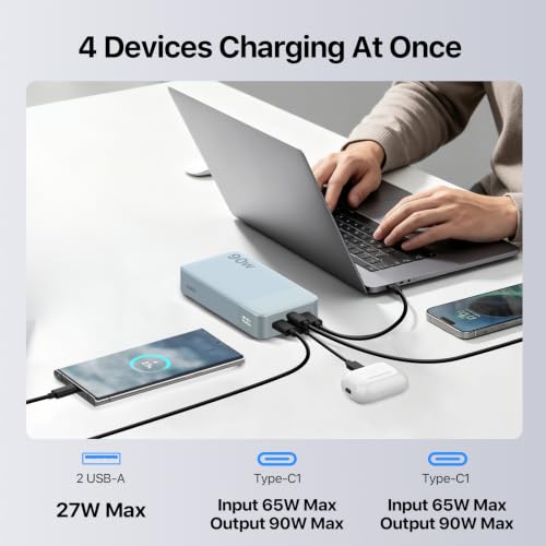 NOBIS Portable Charger 20000mAh 90W Laptop Power Bank | 2C+2A USB-C Fast Charging Battery Pack with LED Display for Laptops, Tablets, Steam Deck & Phones - color: Blue