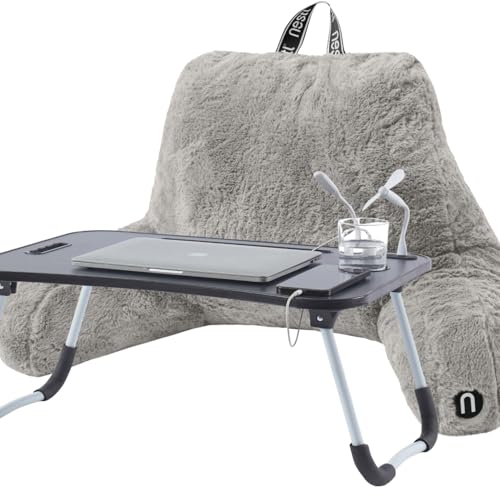 Nestl Fur Reading Pillow with Laptop Lap Desk, Stylish Back Pillow for Sitting Up, Lap Desk with Reading Pillows for Sitting in Bed Adult & Kids, Faux Fur Chair Pillow with Arms - Grey - color: Grey, size: Reading Pillow + Lap Desk
