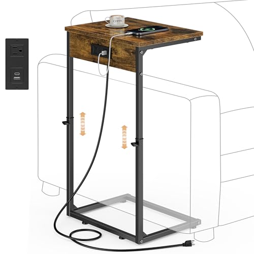 C Shaped End Table with Charging Station, Adjustable Height Side Table for Couch, Small Side Table, 33.2'' Tall Couch Tables that Slide Under, Tv Tray End Table for Living Room, Rustic Brown - color: Rustic Brown (1 Pack), style: With Plug
