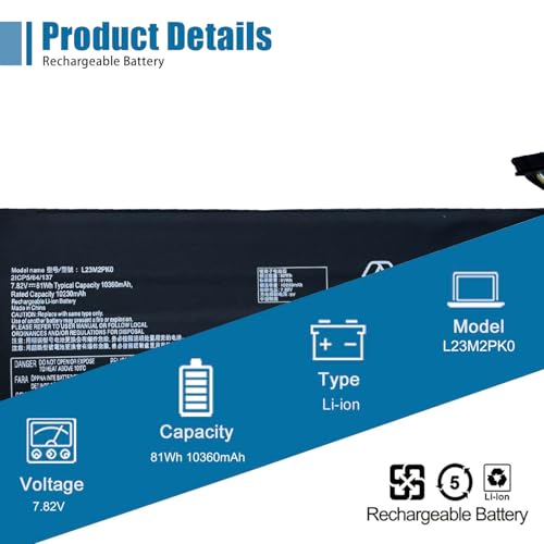 L23M2PK0 Laptop Battery Replacement for Lenovo Legion Go 8APU1 AMD Handheld Series 5B11M36296 5B11M36298 5B11M36299 L23D2PK0 SB11M36297 L23C2PK0 L23L2PK0 7.82V 81Wh 10360mAh - size: 6.13*2.46*1.05 inch L23M2PK0