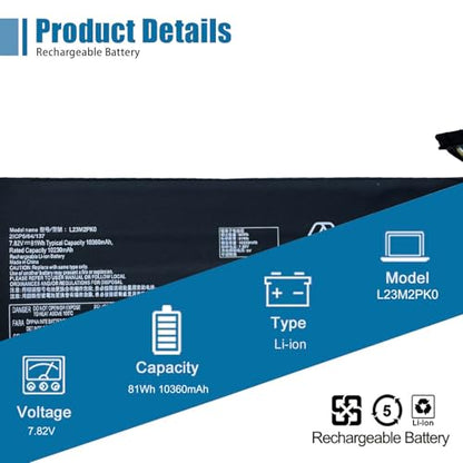 L23M2PK0 Laptop Battery Replacement for Lenovo Legion Go 8APU1 AMD Handheld Series 5B11M36296 5B11M36298 5B11M36299 L23D2PK0 SB11M36297 L23C2PK0 L23L2PK0 7.82V 81Wh 10360mAh - size: 6.13*2.46*1.05 inch L23M2PK0
