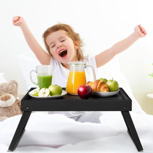 RRX Bamboo Bed Tray Table with Folding Legs, Breakfast Tray, 2 Pack (Black) | Bed Trays for Folding Table Eating, Kitchen Serving, Food, Sofa, Snacking or Working, Laptop Desk Dinner, Snack Tray - color: Black