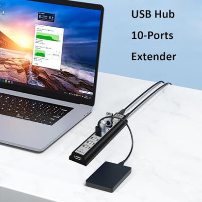 USB Hub 10-Ports, USB Hub Extender Network Splitter Adapter with Powered, for MacBook, PC, Laptop, Mice, Keyboards（ Only USB Data Transfer Not for Charing