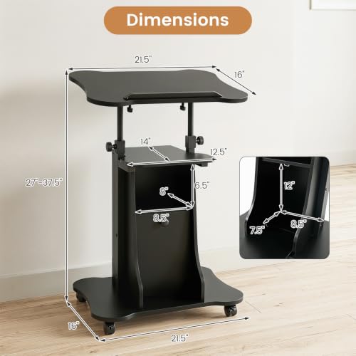 GIANTEX Mobile Podium Stand, Sit-to-Stand Laptop Cart (Black, 1 Pack) | Tilting Tabletop & Storage Cabinet, Lockable Casters, Height-adjustable Rolling Lectern for Classroom, Church, Home Office - color: Black