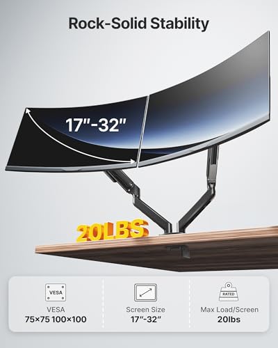 monTEK Dual Monitor Stand for Desk, 17-32 Inch Mechanical Spring Dual Arm, Heavy Duty Steel Adjustable Monitor Mount, Full Motion VESA 75x75/100x100, C-Clamp & Grommet, Holds Up to 20 lbs Each - size: Dual Arm