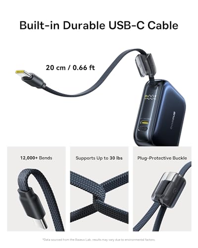 Baseus PicoGo AC22 Mini Power Bank, 10000mAh 45W PD Portable Charger Built-in USB-C Cable, Ultra Small Sized Battery Pack, Fast Charging Battery Bank for iPhone 17/16/15 Samsung S25/S24 Pixel 10 iPad - size: 10000mAh