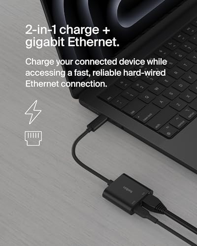 Belkin Connect USB-C to Ethernet + Charge Adapter 100W w/Gigabit Ethernet Port and USB-C Port - 1000Mbps for Fast Internet Connection - Compatible with iPhone 17, Samsung Galaxy S26, & More - style: Ethernet + Charging (100W)