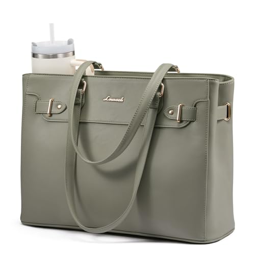 LOVEVOOK Laptop Tote Bag for Women Work, Teacher Tote Bag with Large Cup Holder, Waterproof Leather Computer Bag - color: Green, size: 15.6 inch