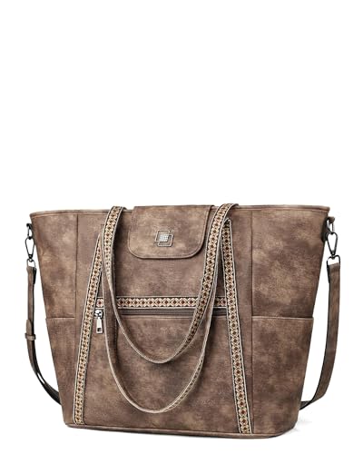 FADEON Large Laptop Tote Bag for Women Designer Leather Laptop Bag, 15.6in | Fashion Travel Backpack Purse Shoulder Handbag Fits 15.6 Laptop, Daily, Work, Business Trip, Weekend Travel, Teacher - color: Vintage Amber Coffee
