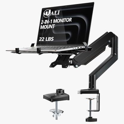 WALI Laptop Desk Mount, Single Monitor Arm with Laptop Holder, Adjustable Height Laptop Arm Mount for Desk, Fits 17” Notebook and 34” Monitors, Up to 22-26.4Lbs (GSMP001LPN), Black - size: Width 16.5", Fully Adjustable Desk Mount