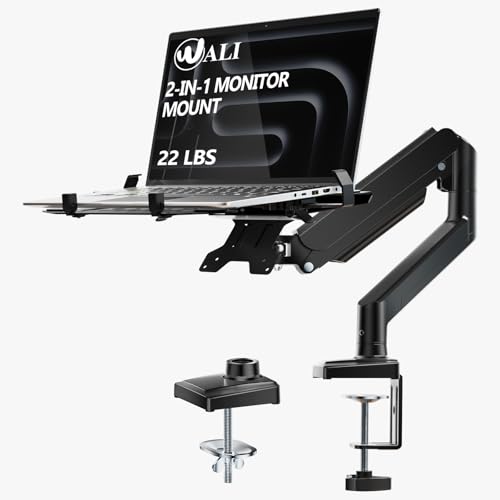 WALI Laptop Desk Mount, Single Monitor Arm with Laptop Holder, Adjustable Height Laptop Arm Mount for Desk, Fits 17” Notebook and 34” Monitors, Up to 22-26.4Lbs (GSMP001LPN), Black - color: Black (Adjustable), size: Single Long
