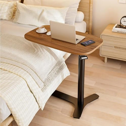 Muvai Overbed Bedside Table with Hidden Casters,30 Inches Adjustable Height Pneumatic Mobile Laptop Standing Desk, Rolling Computer Table for Home & Hospital Use ，Black Walnut 30" W x 17.7" D - color: Walnut