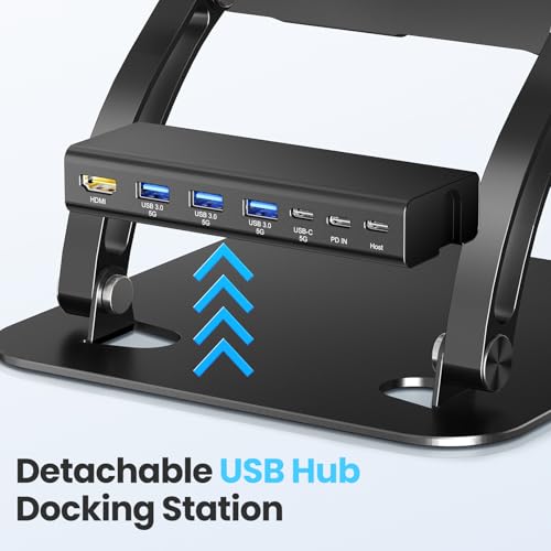 tounee Laptop Stand with Detachable USB-C Hub, 100W PD Charging, 4K@60Hz HDMI, 3 USB Ports, Ergonomic Laptop Holder Docking Station for 10-17" Laptops, MacBook & More (Black) - color: BLACK