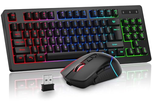BlueFinger Wireless Keyboard and Mouse Combo, Long Lasting Rechargeable Battery 87 Keys RGB Rainbow Backlit Gaming Keyboard & Ergonomic Light Up Gaming Mouse for Mac Laptop Computer PC Gamer - color: Black