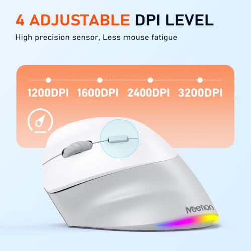 MEETION Left-Handed Wireless Ergonomic Vertical Mouse, Rechargeable - Gray | Dual Bluetooth 5.2/3.0 + USB, RGB lighting, 4 adjustable DPI, compatible with Windows, Mac, PC, iPad and tablets - color: Left Gray White