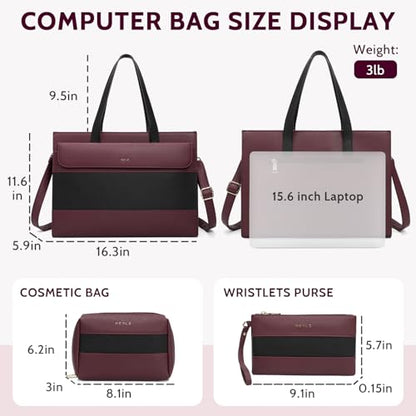 Keyli 3pcs Laptop Bag for Women 15.6 Inch Leather Work Tote Bags Professional Business Office Computer Shoulder Briefcase - color: Sets-black-red