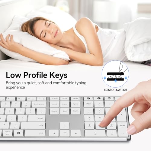 AUSDOM Full Size Bluetooth Keyboard, 2.4G Wireless Quiet Slim Keyboard, Multi Device Low Profile Silent Flat Keyboards with Numeric Keypad, Rechargeable Battery for Windows Mac iOS Computer, White - color: Snow White