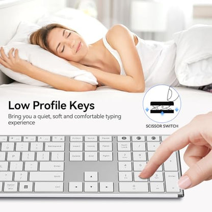 AUSDOM Full Size Bluetooth Keyboard, 2.4G Wireless Quiet Slim Keyboard, Multi Device Low Profile Silent Flat Keyboards with Numeric Keypad, Rechargeable Battery for Windows Mac iOS Computer, White - color: Snow White