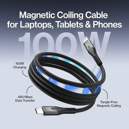 Statik MagStack Pro USB C to USB C Coiling Magnetic Charging Cable,100W | Nylon Braided Tangle-Free Design, Magnetic Coiling, Data Transfer, Compatible with iPhone & Android, 3FT Black, 5 Pack - color: Black, size: 3ft (5 Pack), style: USB-C to USB-C