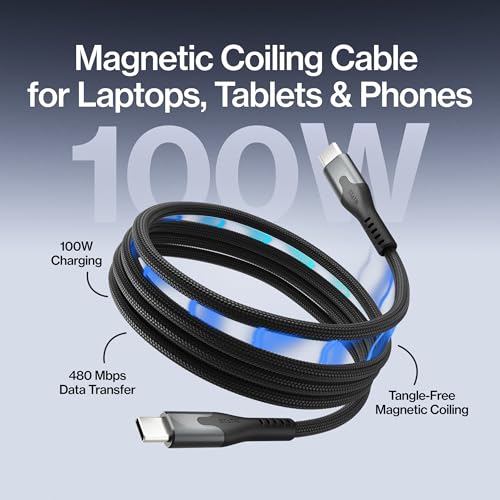 Statik MagStack Pro USB C to USB C Coiling Magnetic Charging Cable,100W | Nylon Braided Tangle-Free Design, Magnetic Coiling, Data Transfer, Compatible with iPhone & Android, 6FT Black - color: Black, size: 6ft, style: USB-C to USB-C