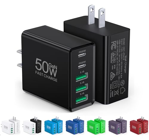 [2-Pack] USB C Wall Charger, 50W USB C Charger Block 5-Port PD Fast Charging Blocks,2USB C+3USB A Multiport Plug,Type C Power Adapter Brick Cube for iPhone 17/16/15/14/13/Pro,Samsung,for Switch（Black） - color: Black
