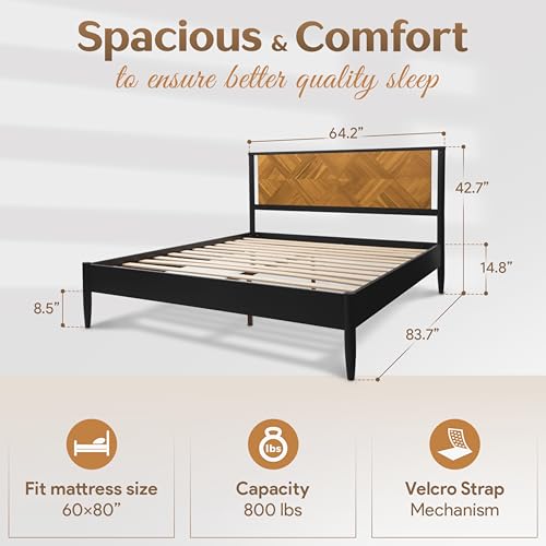 Howizz Lenia Queen Size Solid Wood Bed Frame with Headboard, Mid Century Modern Rustic Farmhouse Style, Chevron Diamond Pattern, Solid Acacia Wood Platform Bed, Queen Size, Teak Brown Black - color: Teak Brown, size: Queen Bed Frame
