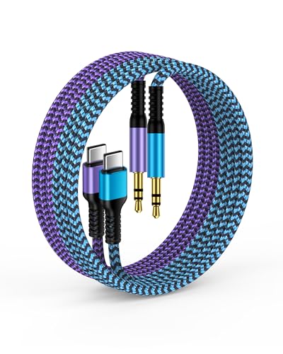 Samsung USB C Aux Cord, Braided Auxiliary to USB C, Type C to 3.5mm Male Headphone Jack Cable for Car/Home Stereo Speaker for Galaxy Z Fold S26 S25 Edge S24 S23 Ultra S22, Note 20/10, iPhone 17e 17 16 - color: 2*Blue, Purple