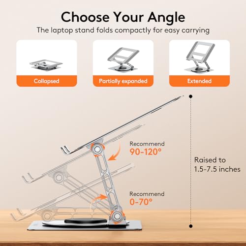 TECKNET Laptop Stand for Desk - 360° Rotating Base, Ergonomic Foldable Computer Stand for Laptop Riser, Height Adjustable, Compatible with MacBook Pro, Dell XPS, HP, and All Laptops 10-17" (Silver) - color: Silver