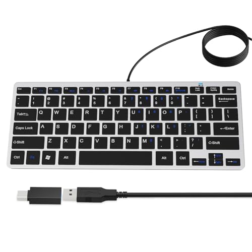 Ultra-Slim 78keys USB Mini Wired Keyboard with Media Hotkeys for Apple Mac Pro, MacBook 56Pro/ iMac, Air, Mac mini, Laptop Computers, Windows PC 11/10/8/7, with USB-A to C OTG Adapter, Silver Black - color: Silver Black, size: USB-A