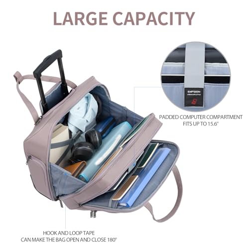 EMPSIGN Rolling Laptop Bag Women with Wheels, Briefcase for Women Fits Up to 15.6 Inch Laptop Briefcase on Wheels, Water-Repellent Overnight Rolling Computer Bag with RFID Pockets, Grey Pink - color: Quilted Grey Pink