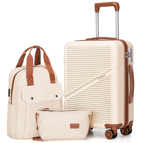 Cosbarn Carry On Luggage,3 Piece Suitcase Set,22x14x9 Airline Approved | Lightweight ABS Hardside Luggage, TSA-Approved Lock,Suitcases with 360° Spinner Wheels,20Inch,Matching Backpack,For Men&Women - color: Beige, style: Carry on Luggage With Backpack